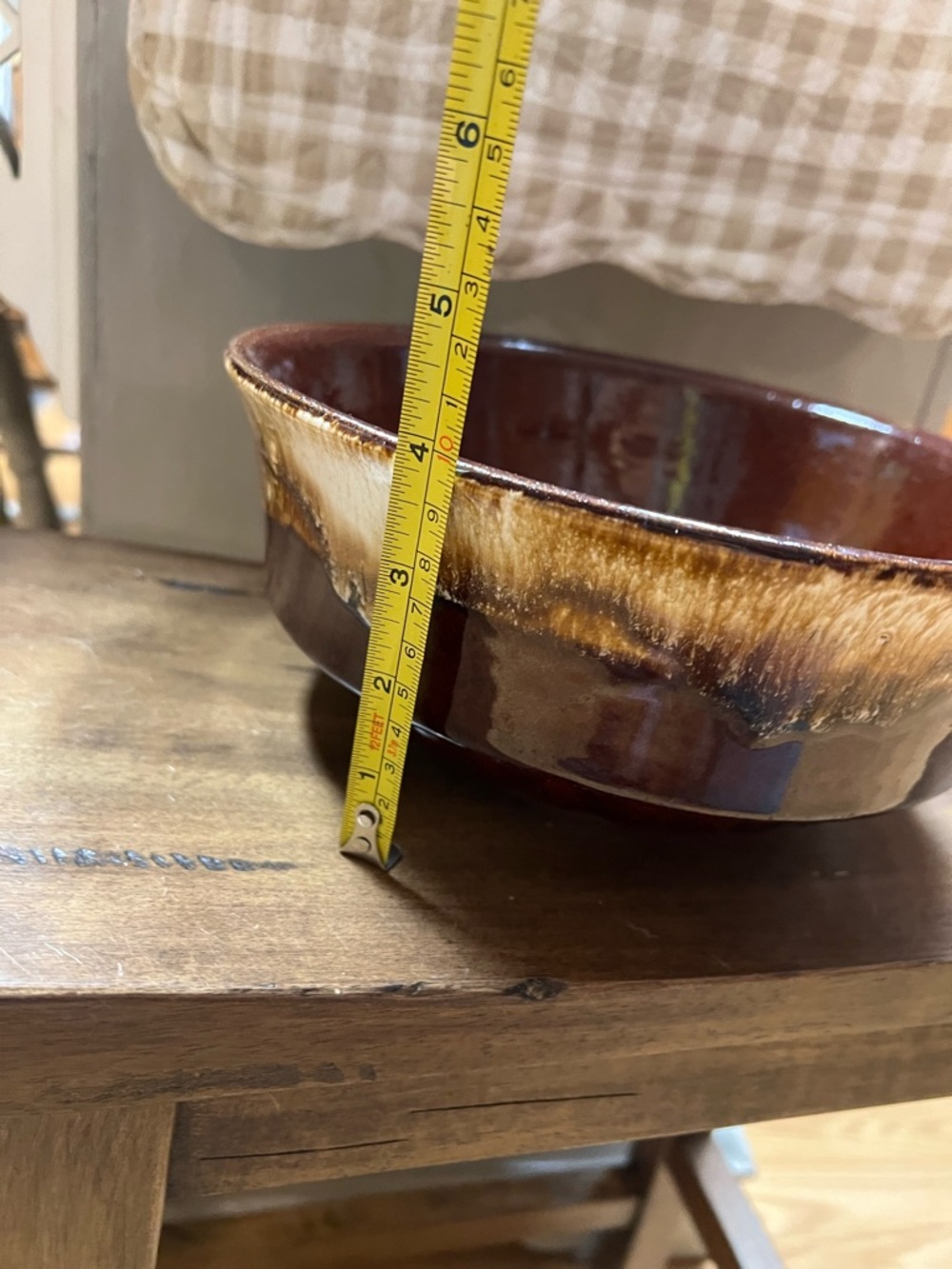 Glazed Ceramic Serving Bowl in Rich Brown and Cream Drip